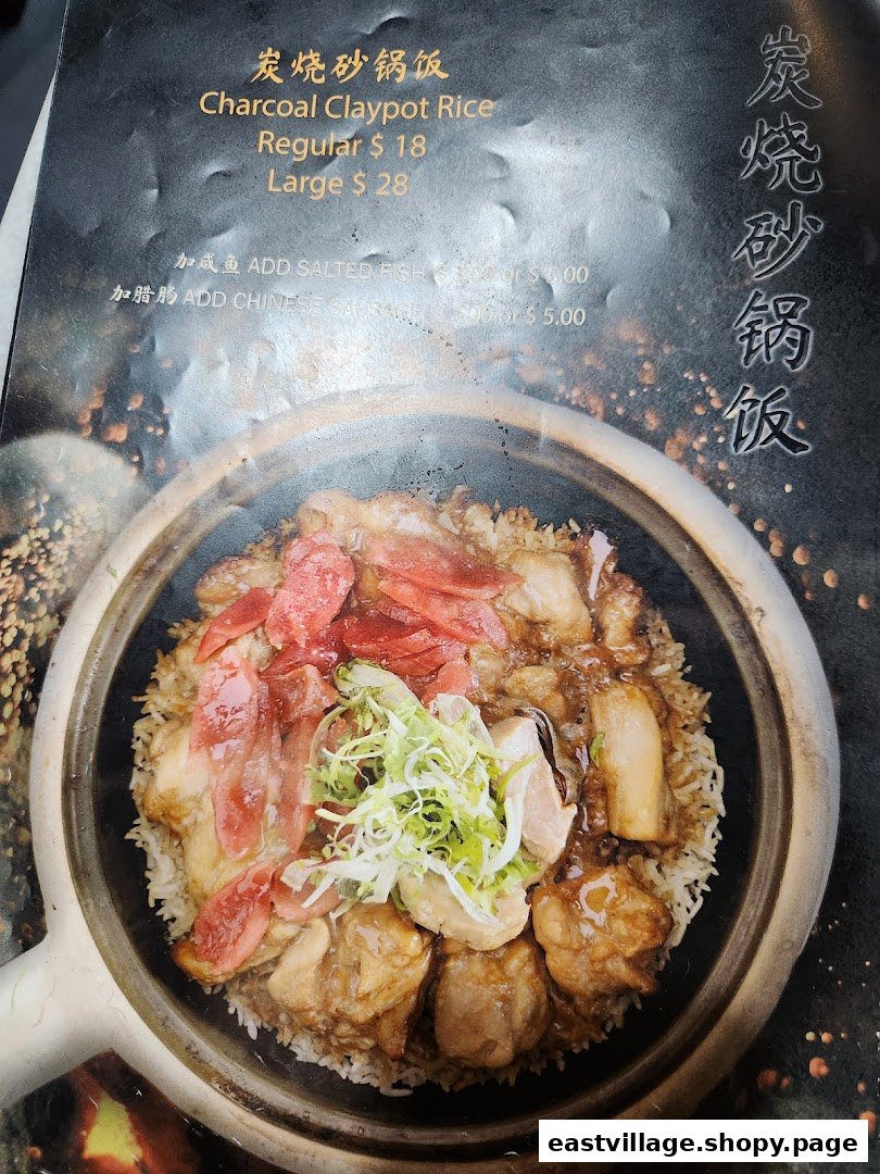 A menu page featuring Charcoal Claypot Rice with pricing and add-on options.