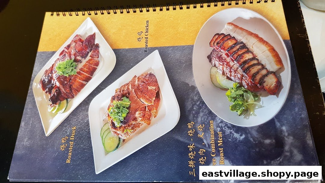 Close-up of a menu page displaying various roasted meat dishes with accompanying images.
