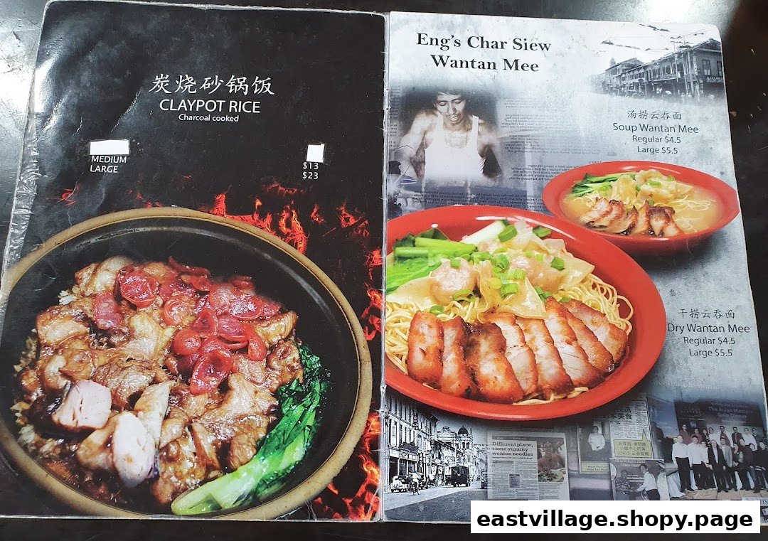 A menu displaying traditional Claypot Rice and Eng's Char Siew Wantan Mee with prices and sizes.