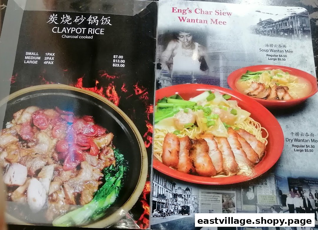 A menu displaying traditional Claypot Rice and Eng's Char Siew Wantan Mee with prices and sizes.