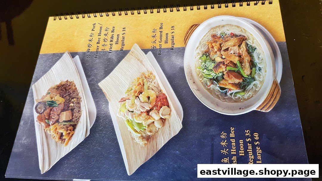 A menu page displaying various Bee Hoon noodle dishes with their prices and accompanying food photography.