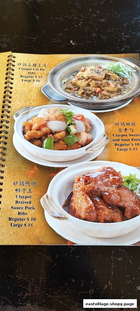A close-up of a menu page displaying three claypot dishes with their names, descriptions, and prices.