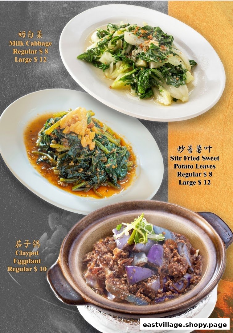 A vibrant display of three delicious Chinese dishes: Milk Cabbage, Stir Fried Sweet Potato Leaves, and Claypot Eggplant.