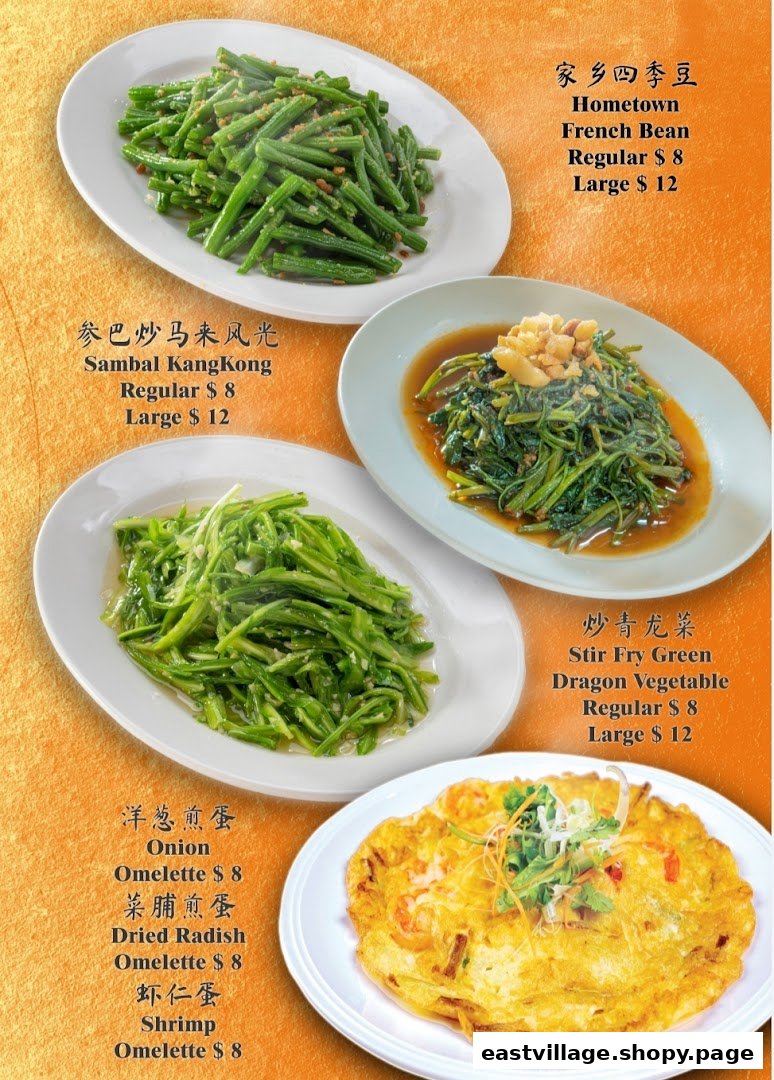A vibrant menu displaying various stir-fried vegetable dishes and omelettes with prices.
