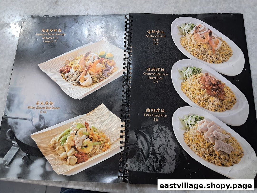 A two-page menu displaying various noodle and fried rice dishes with prices and images.