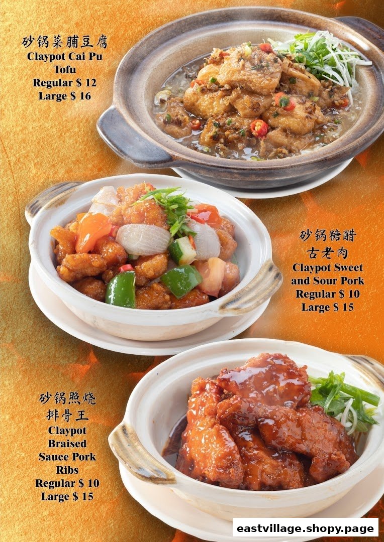 A vibrant menu showcasing three delicious claypot dishes with their names and prices.