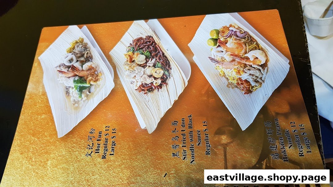 A menu displaying three delicious noodle dishes: Hor Fun, Stir Fried Udon, and Hokkien Prawn Noodle.
