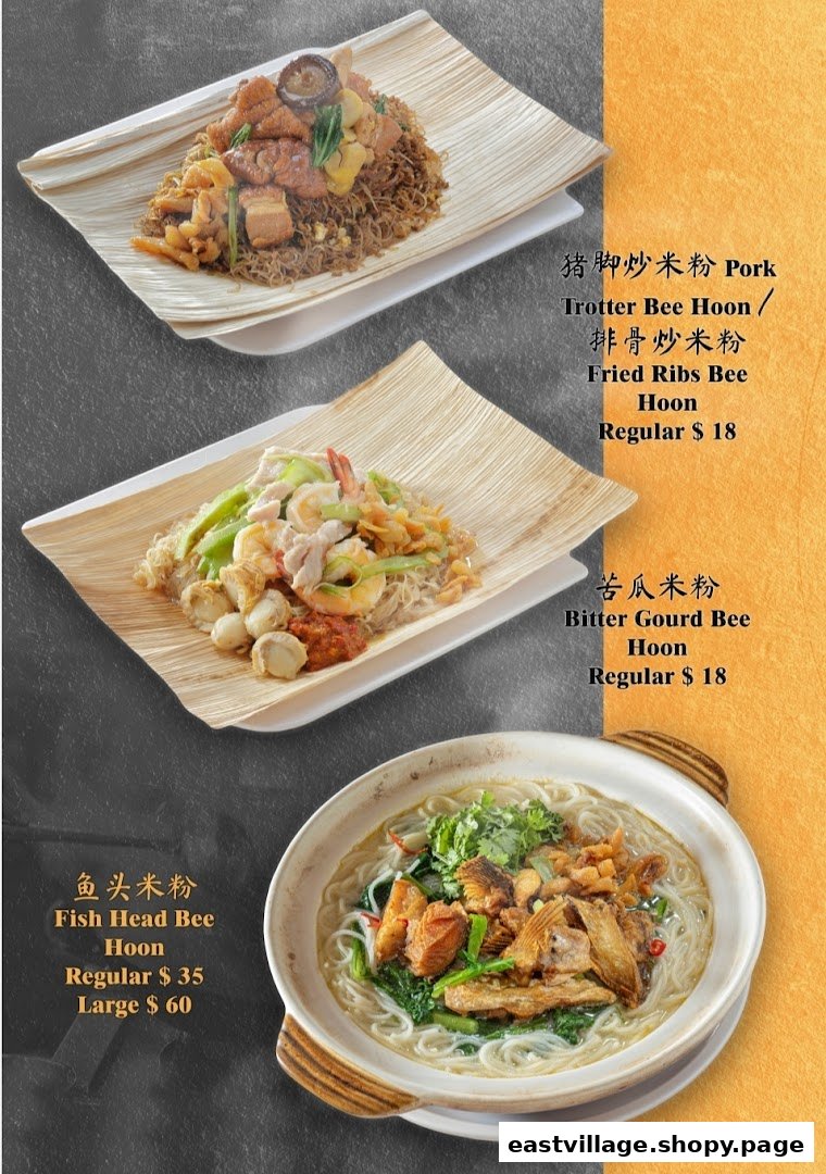 A vibrant menu showcasing three delicious Bee Hoon dishes with their names and prices.