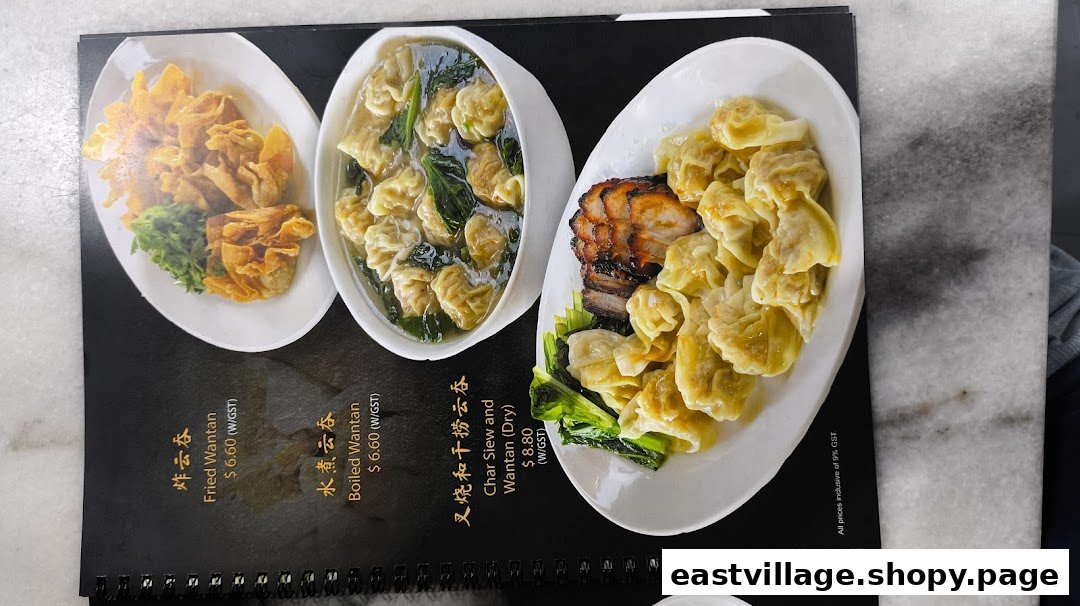 A menu page showcasing three delicious wantan dishes: fried, boiled, and char siew with dry wantan.