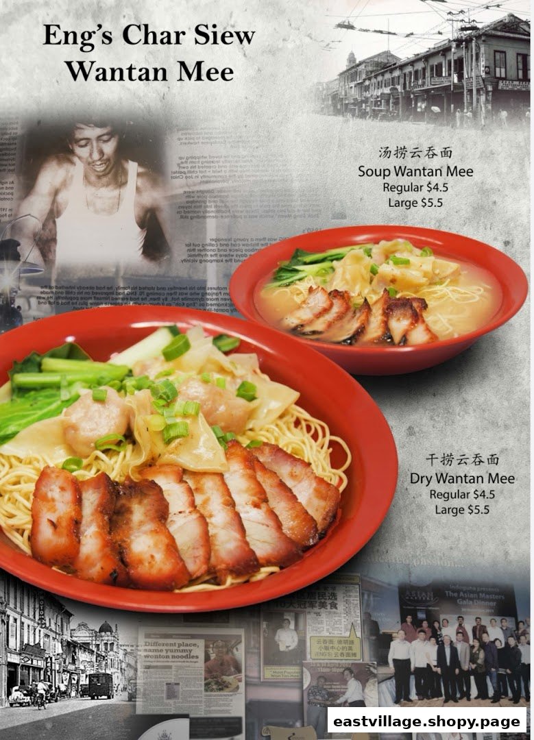 Two bowls of Eng's Char Siew Wantan Mee, showcasing soup and dry versions with prices.