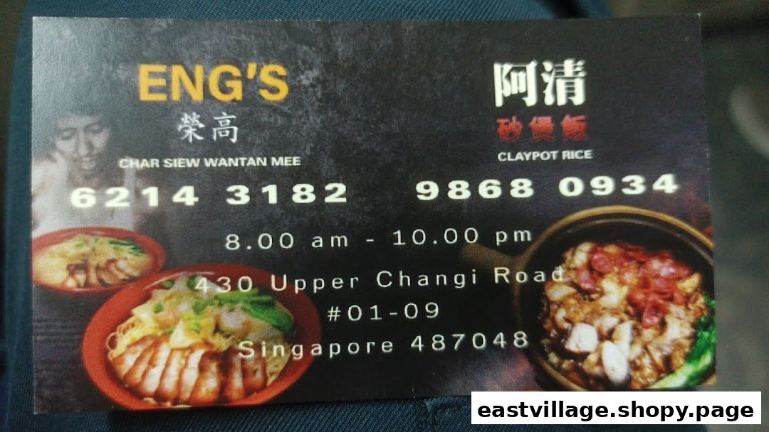 A business card for Eng's, featuring contact details, operating hours, and popular dishes.