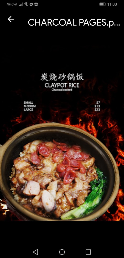 A vibrant image showcasing a delicious charcoal-cooked claypot rice dish with pricing for different sizes.