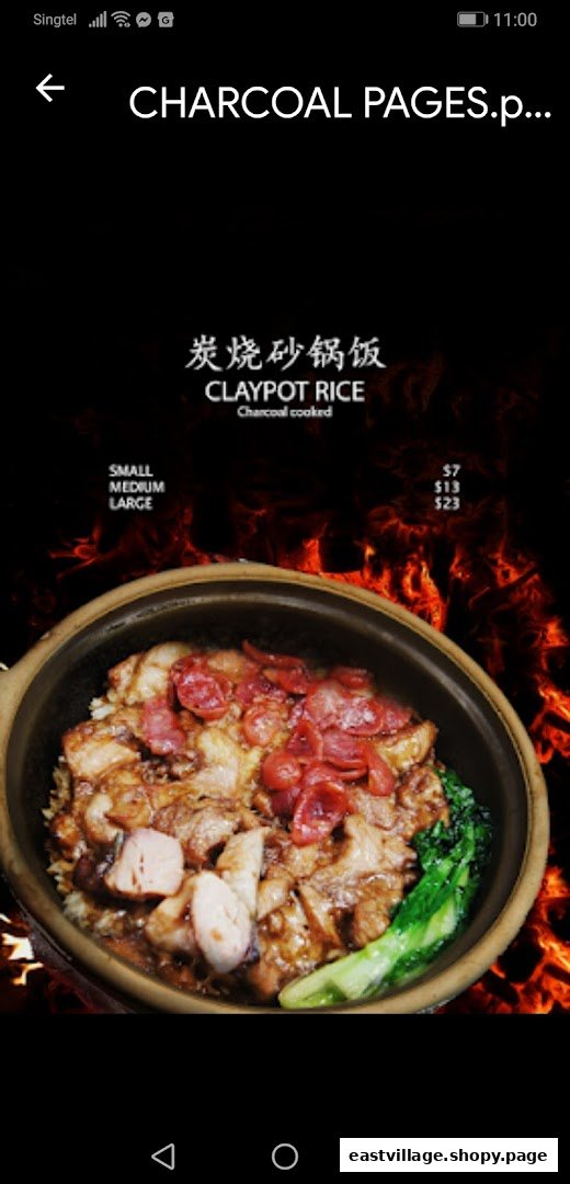 A vibrant image showcasing a delicious charcoal-cooked claypot rice dish with pricing for different sizes.