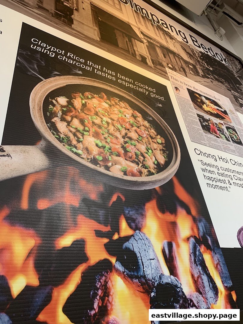 A large promotional poster showcasing claypot rice cooked over charcoal, with descriptive text.