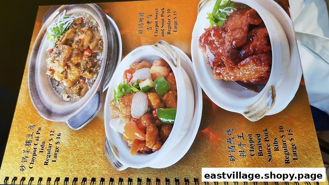 A close-up of a restaurant menu displaying three claypot dishes with their names, descriptions, and prices.