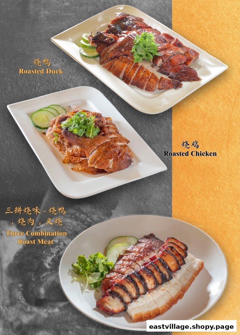 Three plates showcasing delicious roasted duck, chicken, and a combination of roast meats.