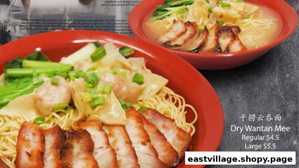 Two bowls of delicious wonton mee with char siew, showcasing both dry and soup options.
