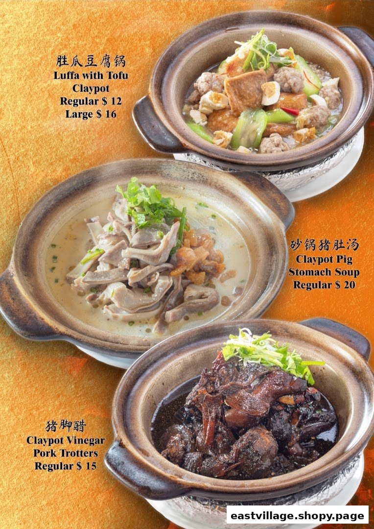 Three traditional Chinese claypot dishes, including luffa with tofu, pig stomach soup, and vinegar pork trotters.