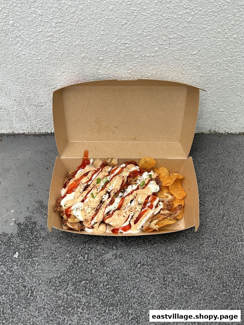 A delicious box of loaded chips topped with meat, sauces, and seasonings, ready to enjoy.
