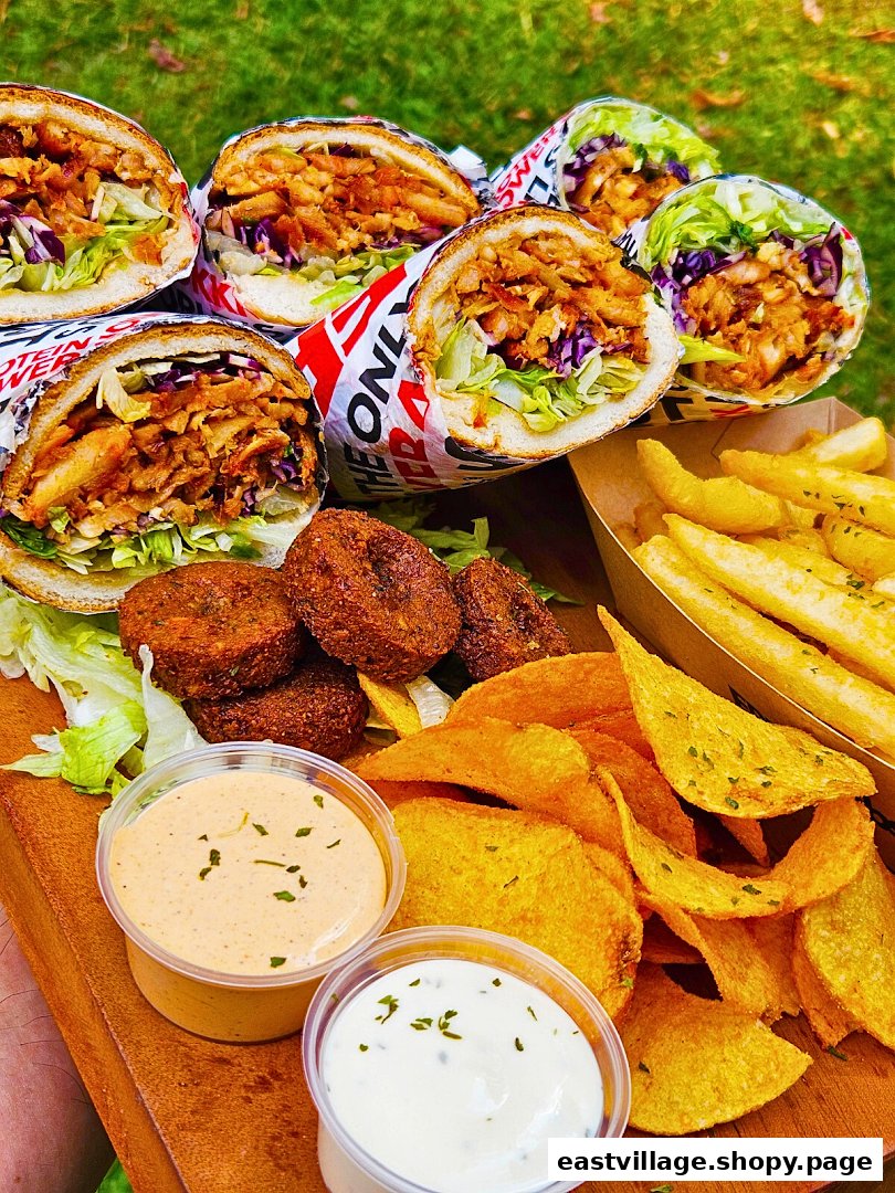 A vibrant platter featuring several kebabs, falafel, crispy chips, and two dipping sauces.