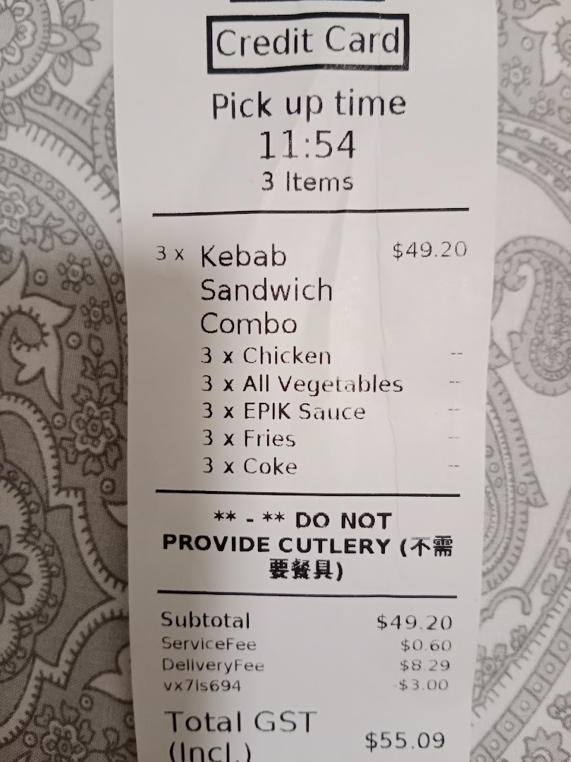 A detailed receipt from EPIKebabs East Village showing a Kebab Sandwich Combo order.