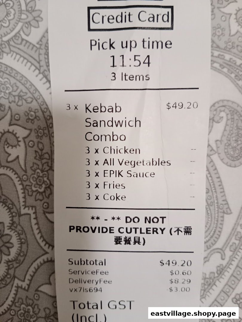 A detailed receipt from EPIKebabs East Village showing a Kebab Sandwich Combo order.