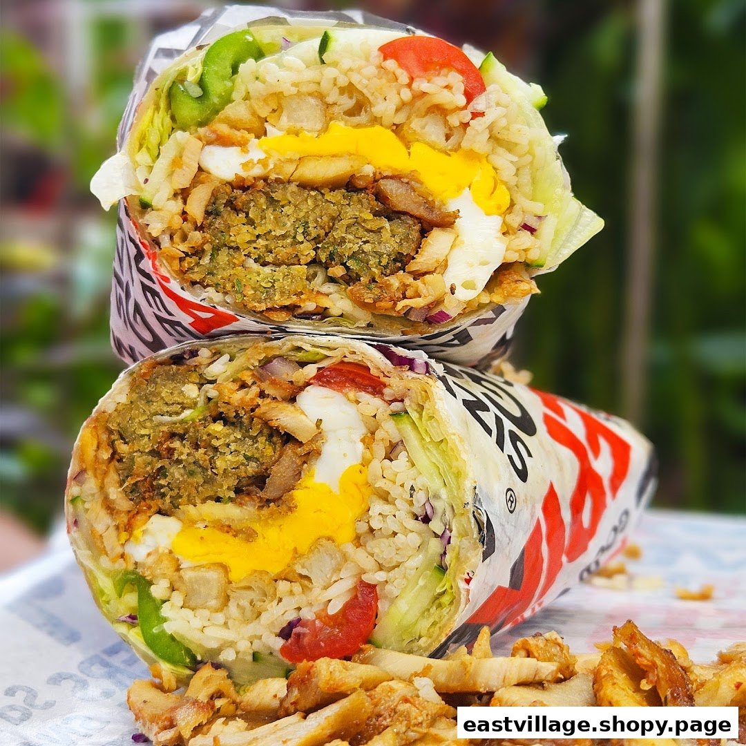 Two large, cut-open kebabs revealing falafel, rice, vegetables, and egg fillings.