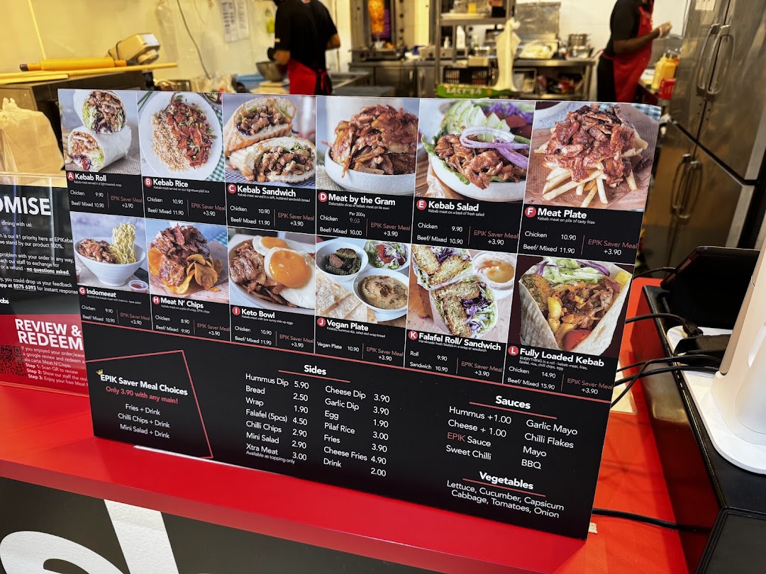 A detailed menu board for EPIKebabs, showcasing various kebab dishes, sides, and sauces.