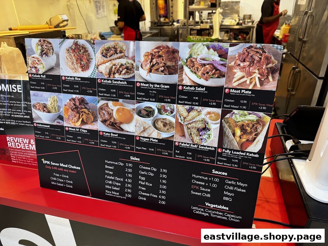 A detailed menu board for EPIKebabs, showcasing various kebab dishes, sides, and sauces.