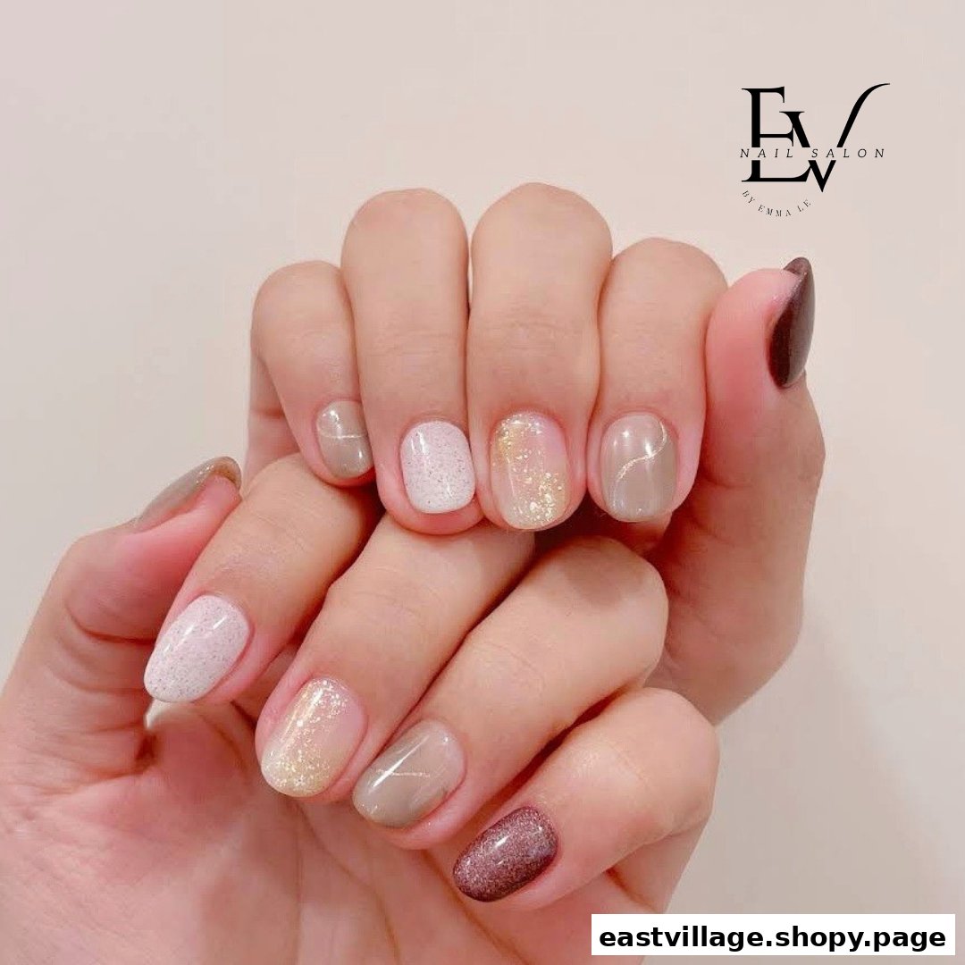 A close-up of a hand showcasing a stylish manicure with various nail polish designs and colors.