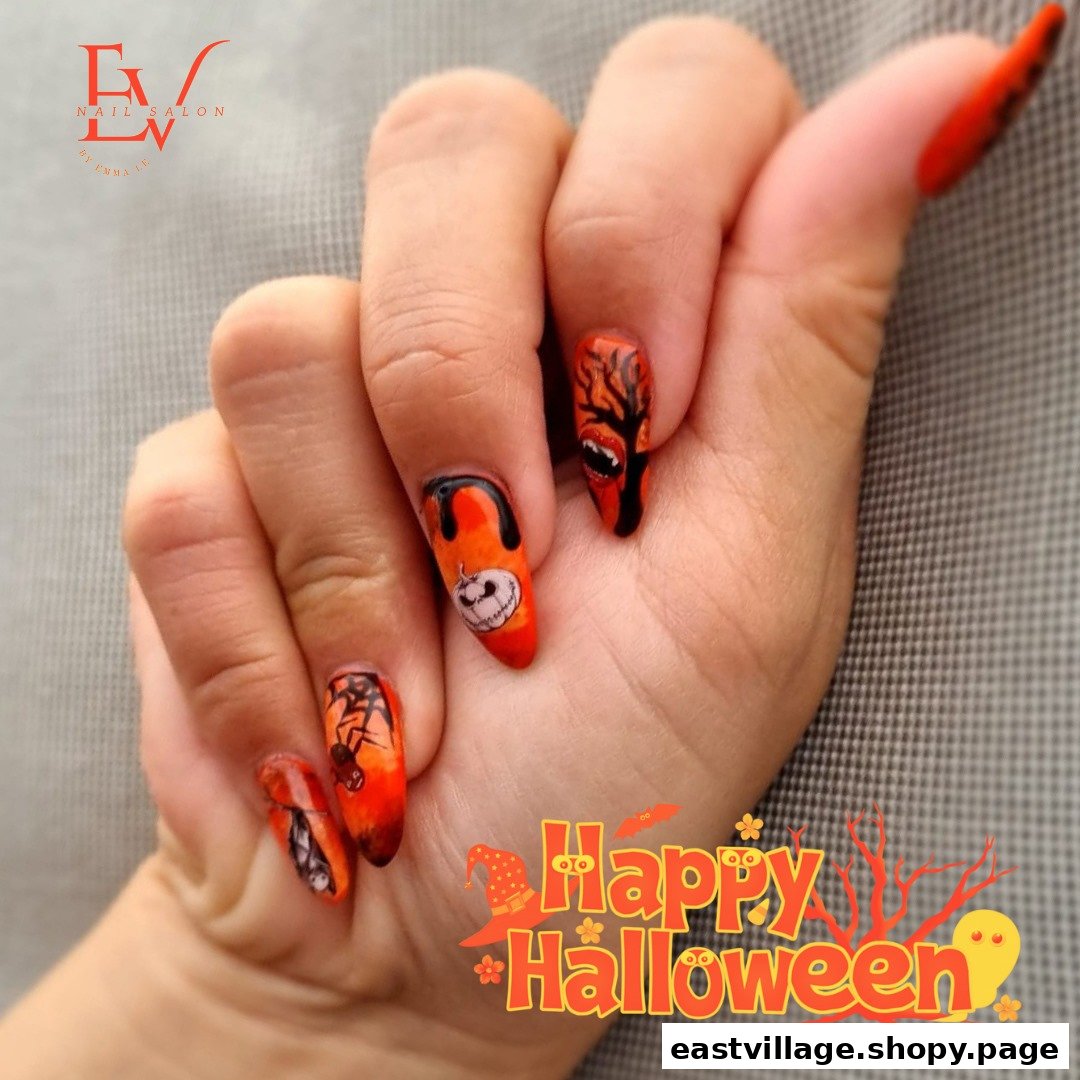 A hand showcasing vibrant Halloween-themed nail art with pumpkins, spiders, and spooky designs.