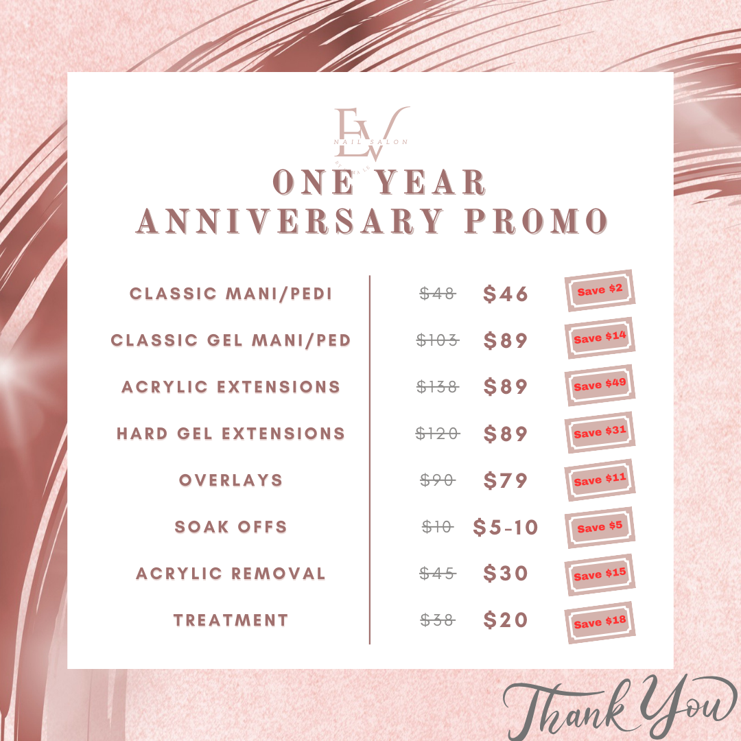 A promotional menu from EV Nail Salon detailing anniversary special prices for various nail services.