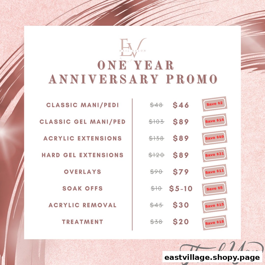 A promotional menu from EV Nail Salon detailing anniversary special prices for various nail services.