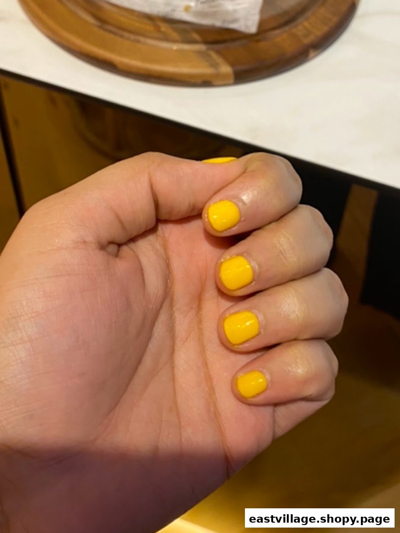 A hand showcasing freshly applied bright yellow nail polish, highlighting a vibrant manicure service.