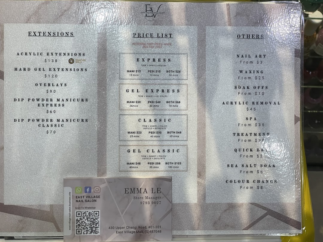 A detailed price list for nail services, including extensions, manicures, pedicures, and other treatments.