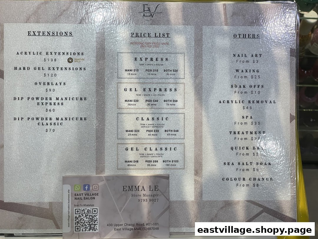 A detailed price list for nail services, including extensions, manicures, pedicures, and other treatments.