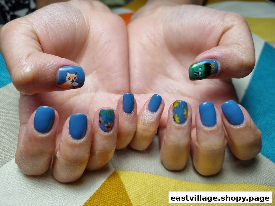 Hands with blue nail polish featuring intricate custom nail art designs, including a fox.