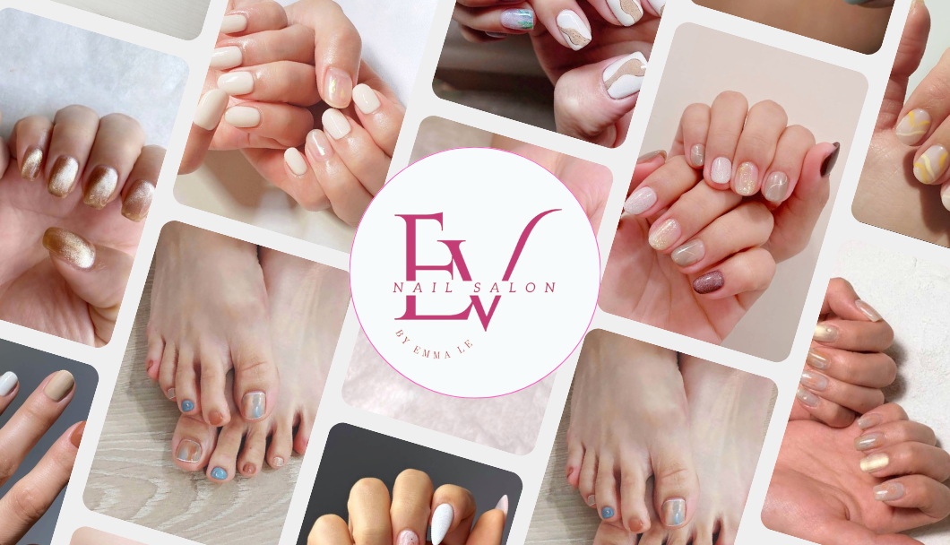 A collage showcasing various manicures and pedicures with the EV Nail Salon logo.