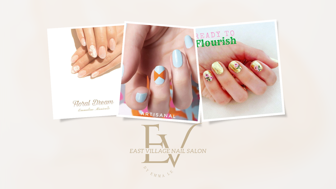 Three examples of intricate nail art designs showcasing the salon's creative services.