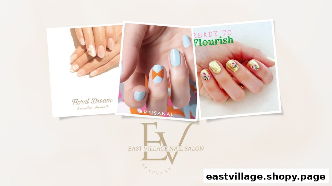 Three examples of intricate nail art designs showcasing the salon's creative services.