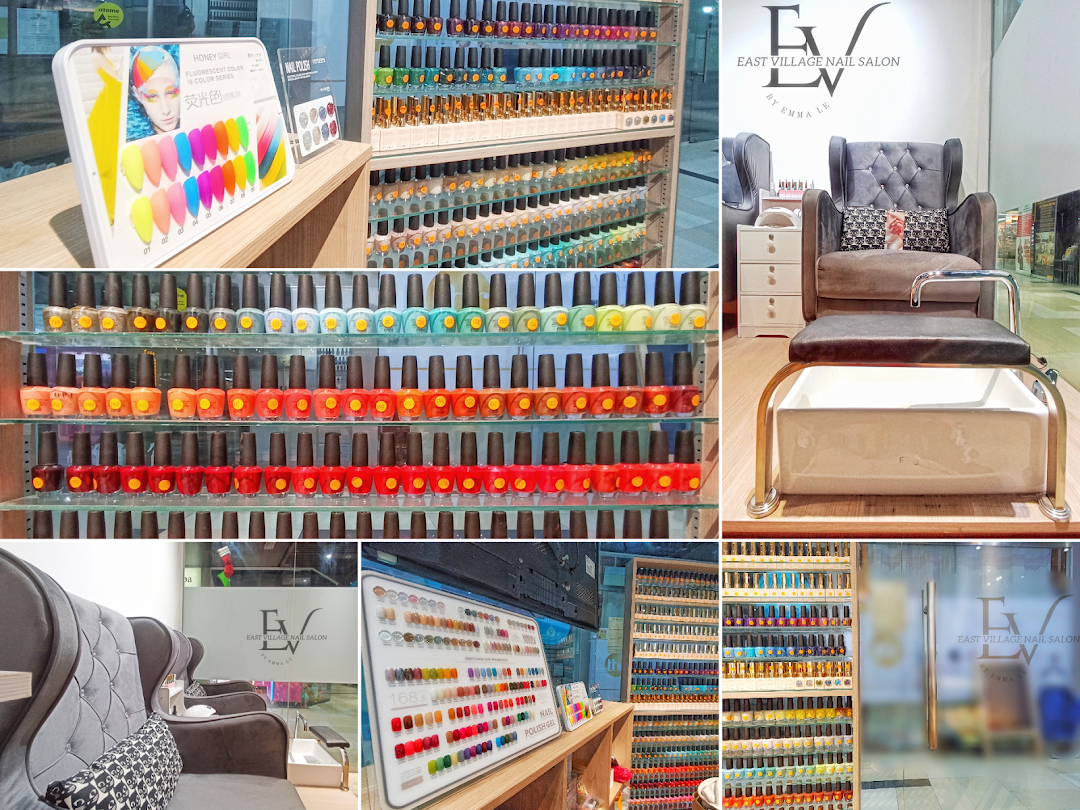 A collage showcasing the interior of EV Nail Salon, featuring nail polish displays, pedicure stations, and branding.