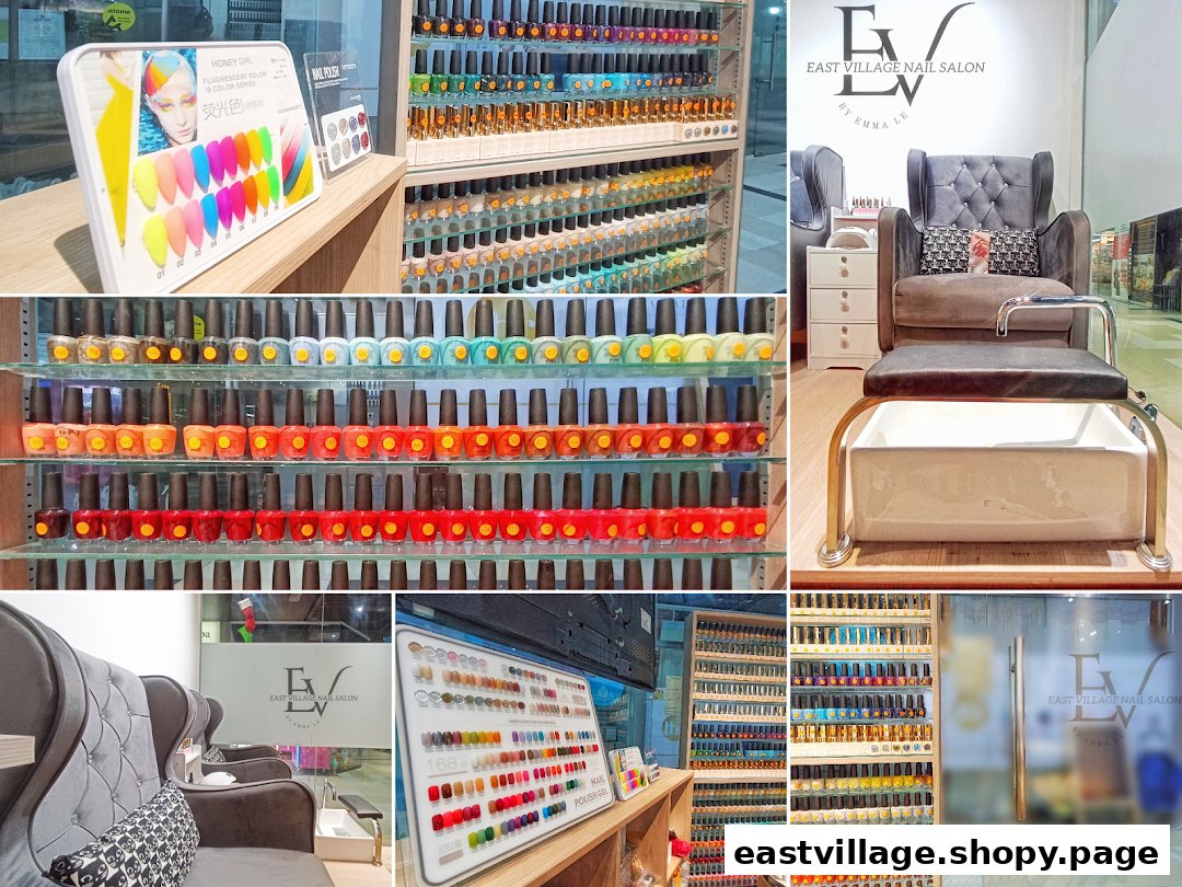 A collage showcasing the interior of EV Nail Salon, featuring nail polish displays, pedicure stations, and branding.