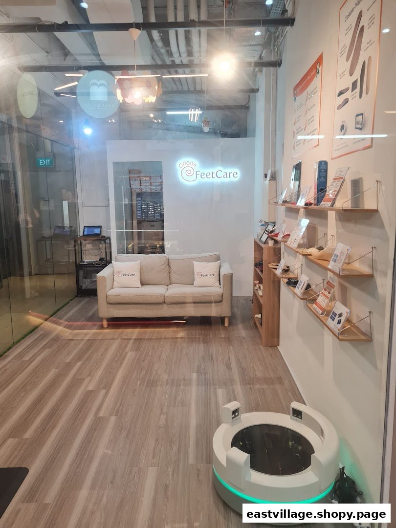 Interior view of FeetCare East Village, showcasing a comfortable waiting area, foot scanning equipment, and product displays.