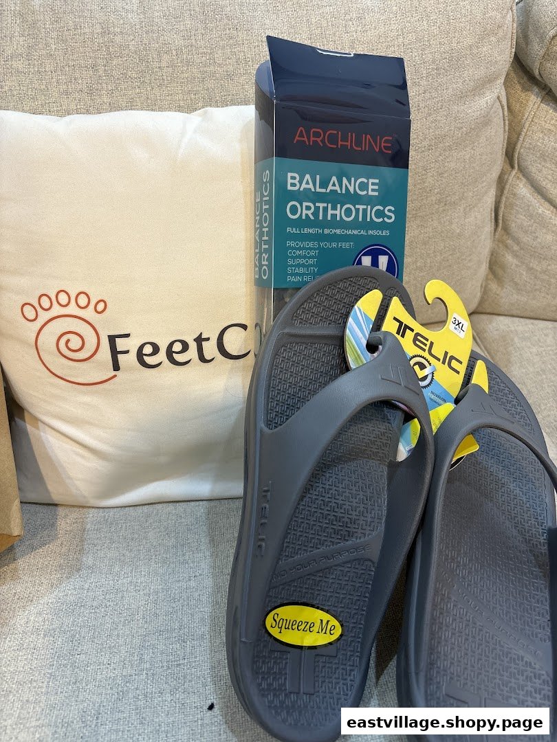 FeetCare branded pillow, Archline Balance Orthotics, and Telic sandals, showcasing specialized foot comfort products.