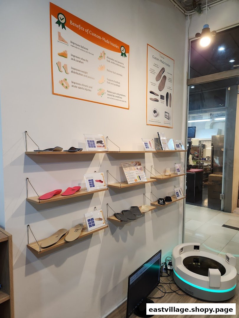 Interior view of FeetCare East Village, showcasing custom insoles, informational displays, and a foot scanning device.