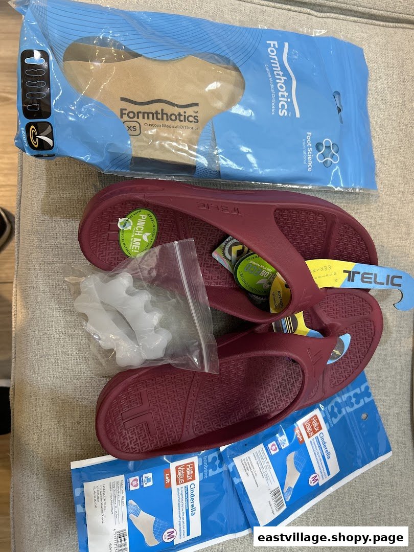 A collection of specialized foot care products, including orthotics, comfort sandals, and toe alignment tools.