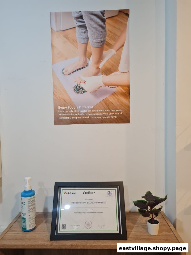 An interior shot featuring a poster about custom insoles and a foot health practitioner certificate.