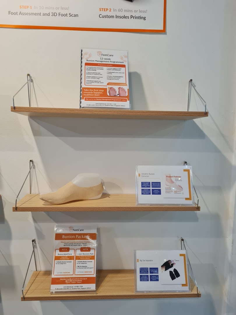 Interior view of FeetCare, showcasing foot care products, informational displays, and services.