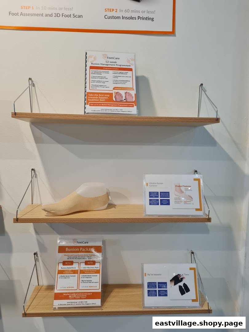 Interior view of FeetCare, showcasing foot care products, informational displays, and services.
