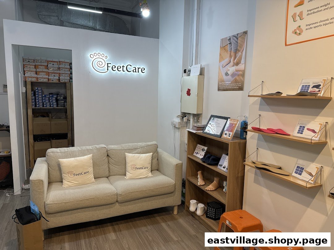 An inviting interior of FeetCare, featuring a comfortable waiting area and displays of foot care products.